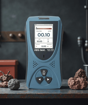 Portable radiation detector with LCD screen displaying dose rate and measurement data.