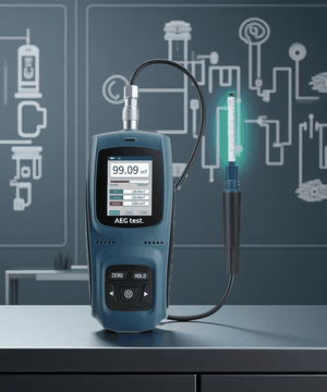 AEG-8103 Gauss Meter displaying magnetic field strength on TFT screen in industrial setting.