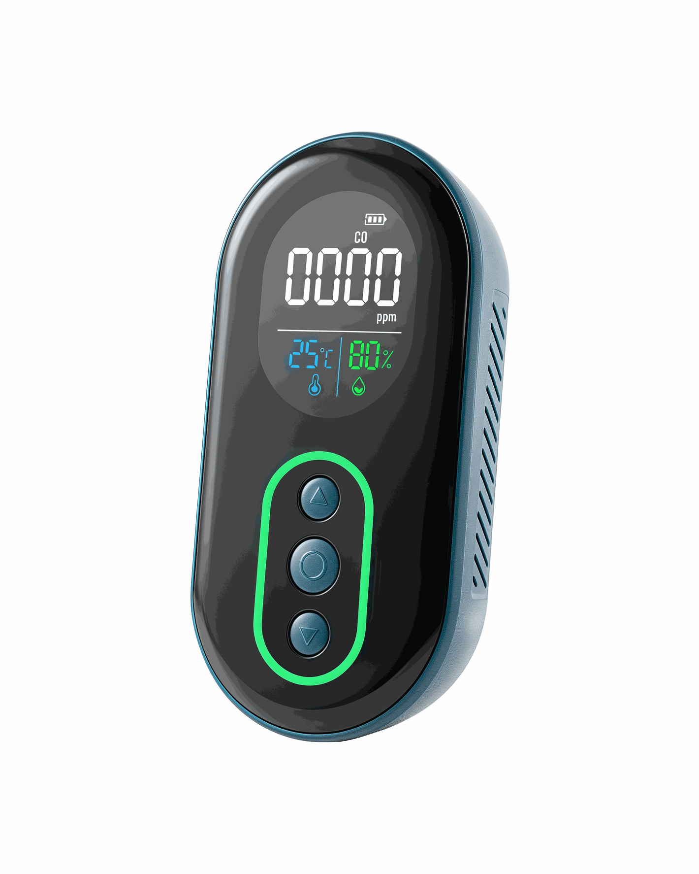 Compact DS-399 Carbon Monoxide Detector with digital display, temperature and humidity monitoring, audio-visual alarm, and rechargeable battery