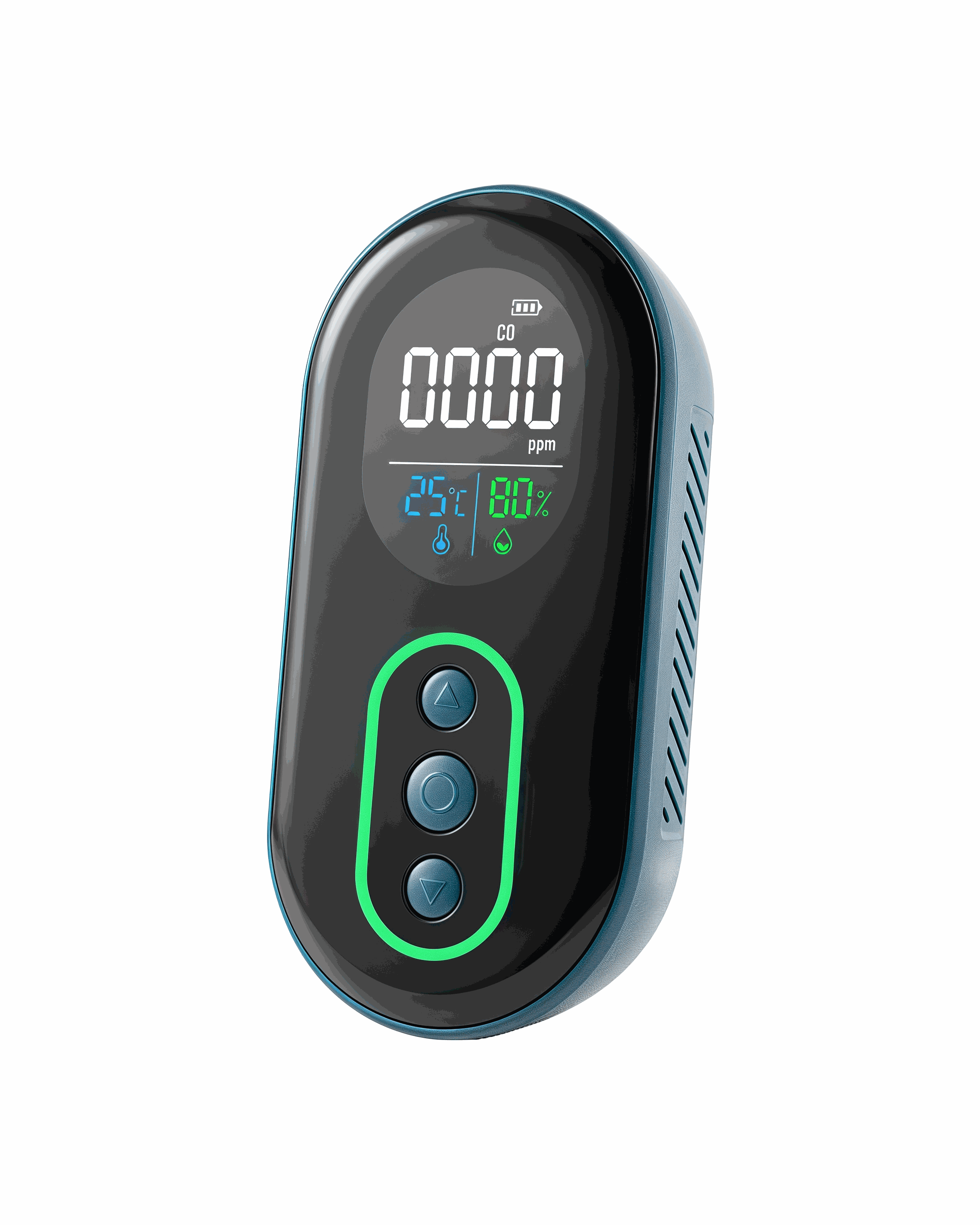 Compact DS-399 Carbon Monoxide Detector with digital display, temperature and humidity monitoring, audio-visual alarm, and rechargeable battery