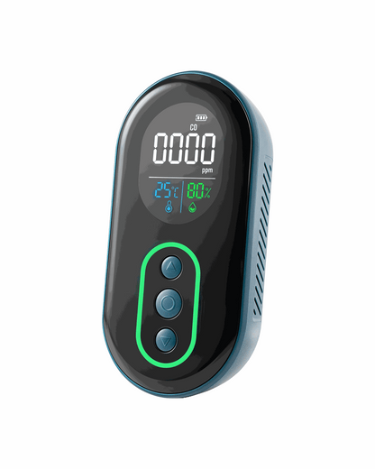 Compact DS-399 Carbon Monoxide Detector with digital display, temperature and humidity monitoring, audio-visual alarm, and rechargeable battery