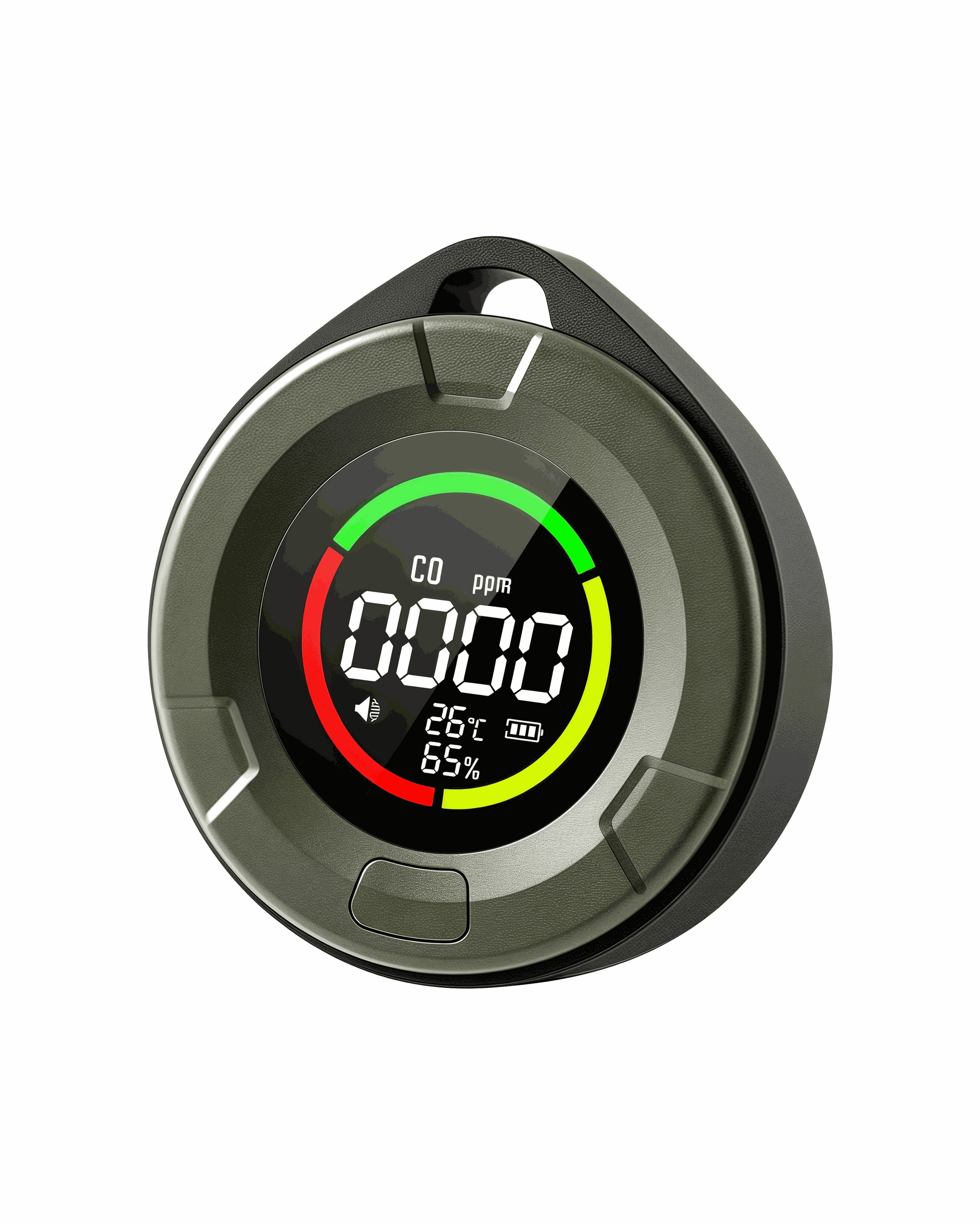 Compact digital carbon monoxide detector with real-time CO, temperature, and humidity display, audio-visual alarm, and rechargeable battery.