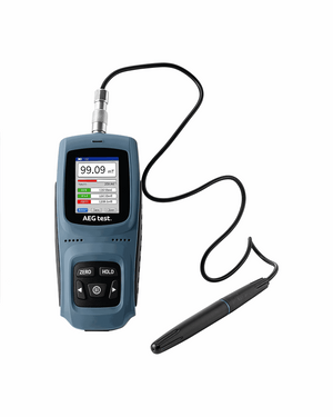 Handheld 1%-5% precision Gauss meter measuring magnetic field strength with color display and connected probe.
