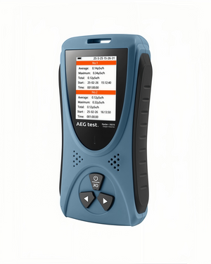 Compact nuclear radiation detector with digital display, triple sensor detection of beta, gamma, and X-rays, handheld design for environmental and industrial safety monitoring.