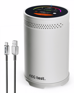 AEG test Radon Detector Plus with touchscreen display, fast and accurate radon detection, visual and audible alerts, USB charging cable included