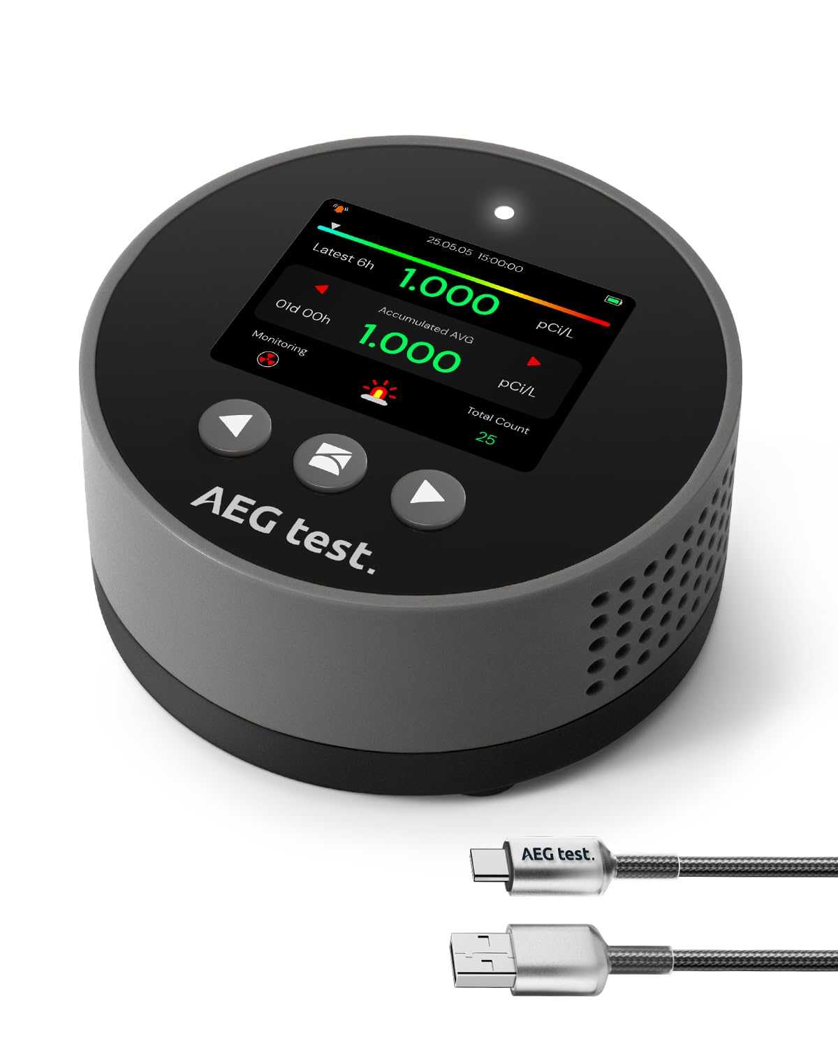 Compact AEG test radon detector with digital display, audible and visual alarms, and USB charging cable for accurate room-to-room radon monitoring